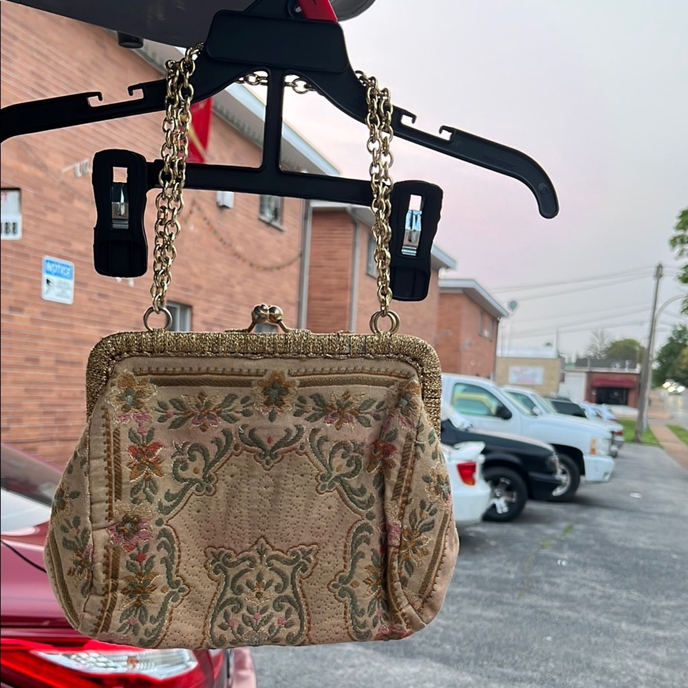 Elegant Cream and Gold Clutch with Vintage Tapestry Design